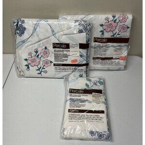 VTG JcPenney Percale Full Size Sheet Set Fitted Flat Pillowcases Floral Ribbon
